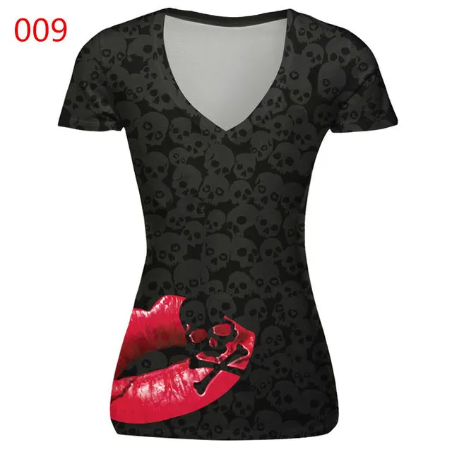 ILISMABA 2017 summer fashion new women's V-neck short sleeve brand T-shirt skull red lips 3D digital printing women's T-shirt