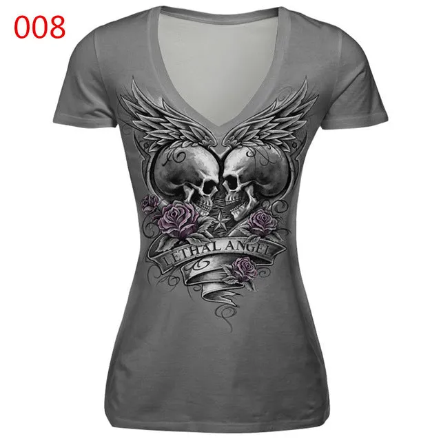 ILISMABA 2017 summer fashion new women's V-neck short sleeve brand T-shirt skull red lips 3D digital printing women's T-shirt