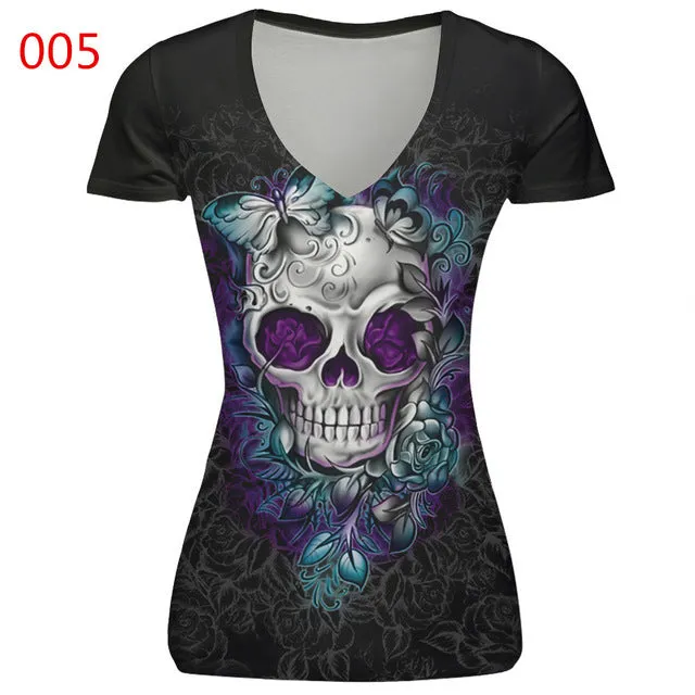 ILISMABA 2017 summer fashion new women's V-neck short sleeve brand T-shirt skull red lips 3D digital printing women's T-shirt