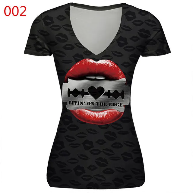 ILISMABA 2017 summer fashion new women's V-neck short sleeve brand T-shirt skull red lips 3D digital printing women's T-shirt