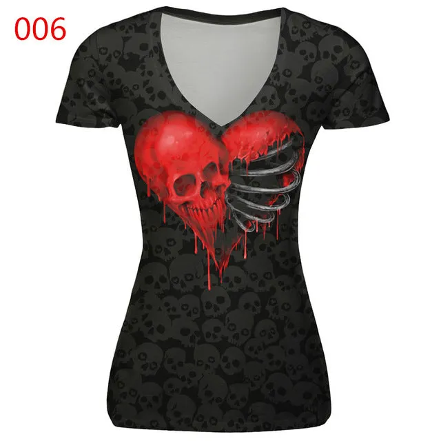 ILISMABA 2017 summer fashion new women's V-neck short sleeve brand T-shirt skull red lips 3D digital printing women's T-shirt