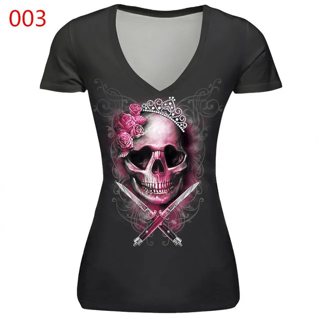 ILISMABA 2017 summer fashion new women's V-neck short sleeve brand T-shirt skull red lips 3D digital printing women's T-shirt