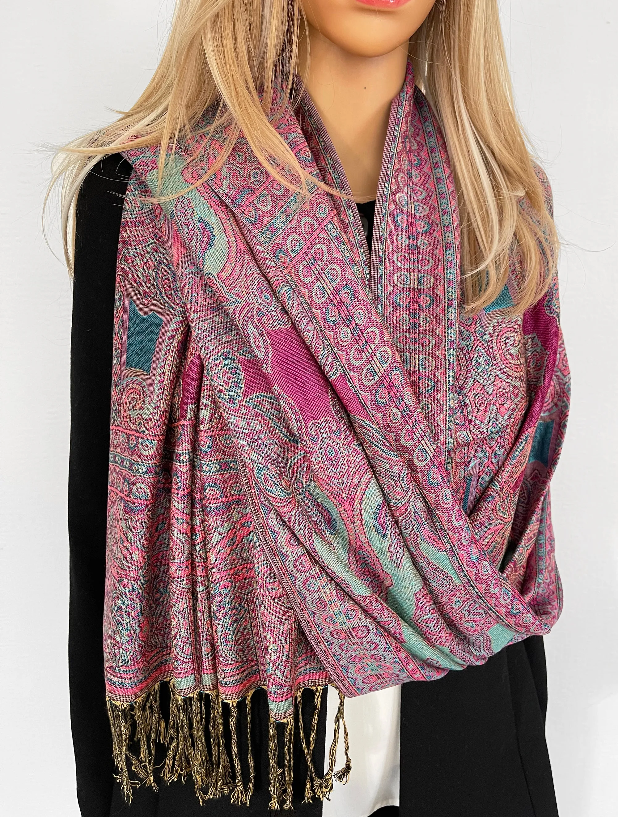 LARGE FUCHSIA PINK REVERSIBLE GEOMETRIC PAISLEY PRINT PASHMINA SHAWL SCARF WRAP