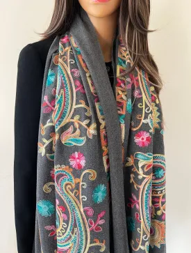 LARGE GREY COLOURFUL PAISLEY CASHMERE COTTON BLEND WINTER SHAWL BLANKET SCARF