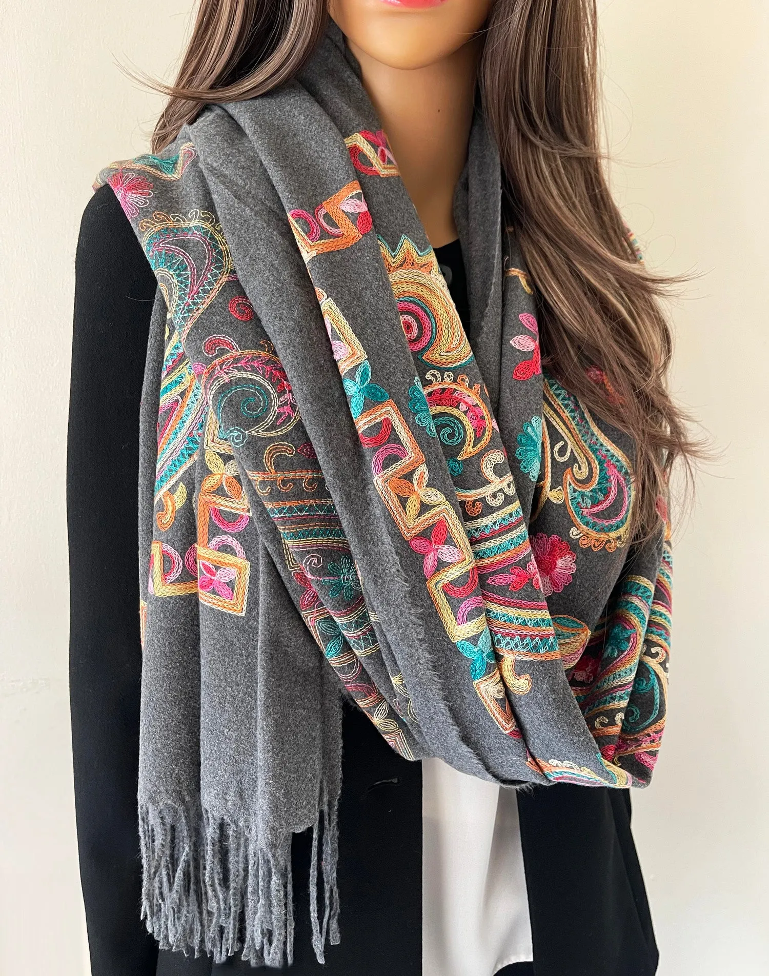 LARGE GREY COLOURFUL PAISLEY CASHMERE COTTON BLEND WINTER SHAWL BLANKET SCARF