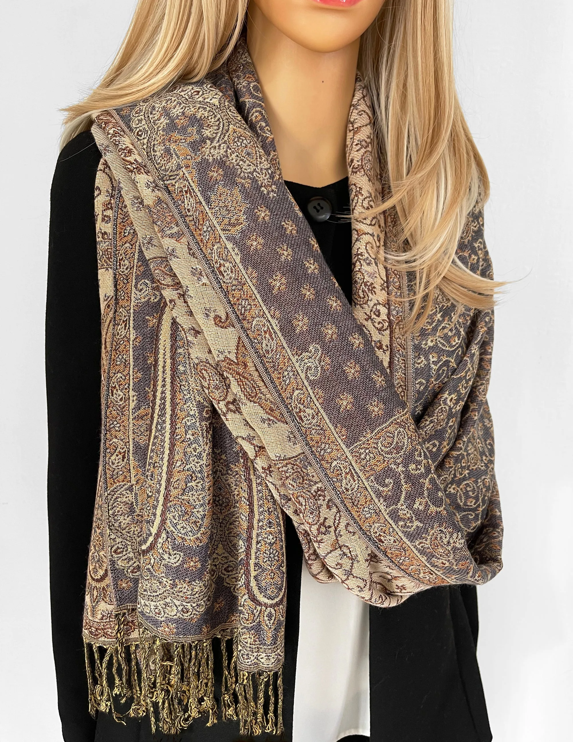 LARGE GREY REVERSIBLE MULTI COLOUR PAISLEY PRINT PASHMINA SHAWL SCARF WRAP