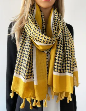 LARGE MUSTARD YELLOW DIAMOND PRINT SHAWL SCARF WITH TASSELS