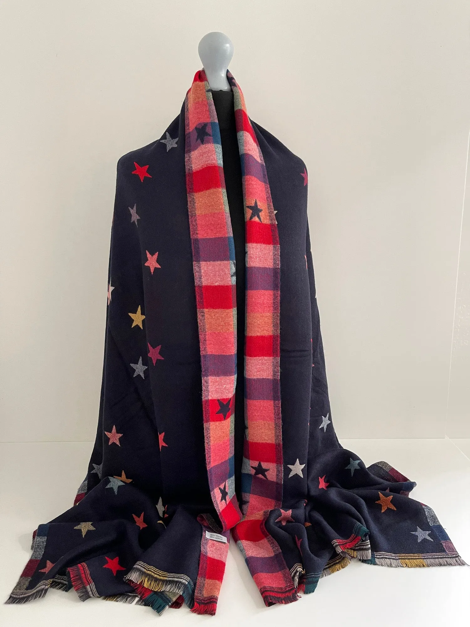 LARGE NAVY BLUE STAR PRINT REVERSIBLE WINTER SHAWL BLANKET SCARF