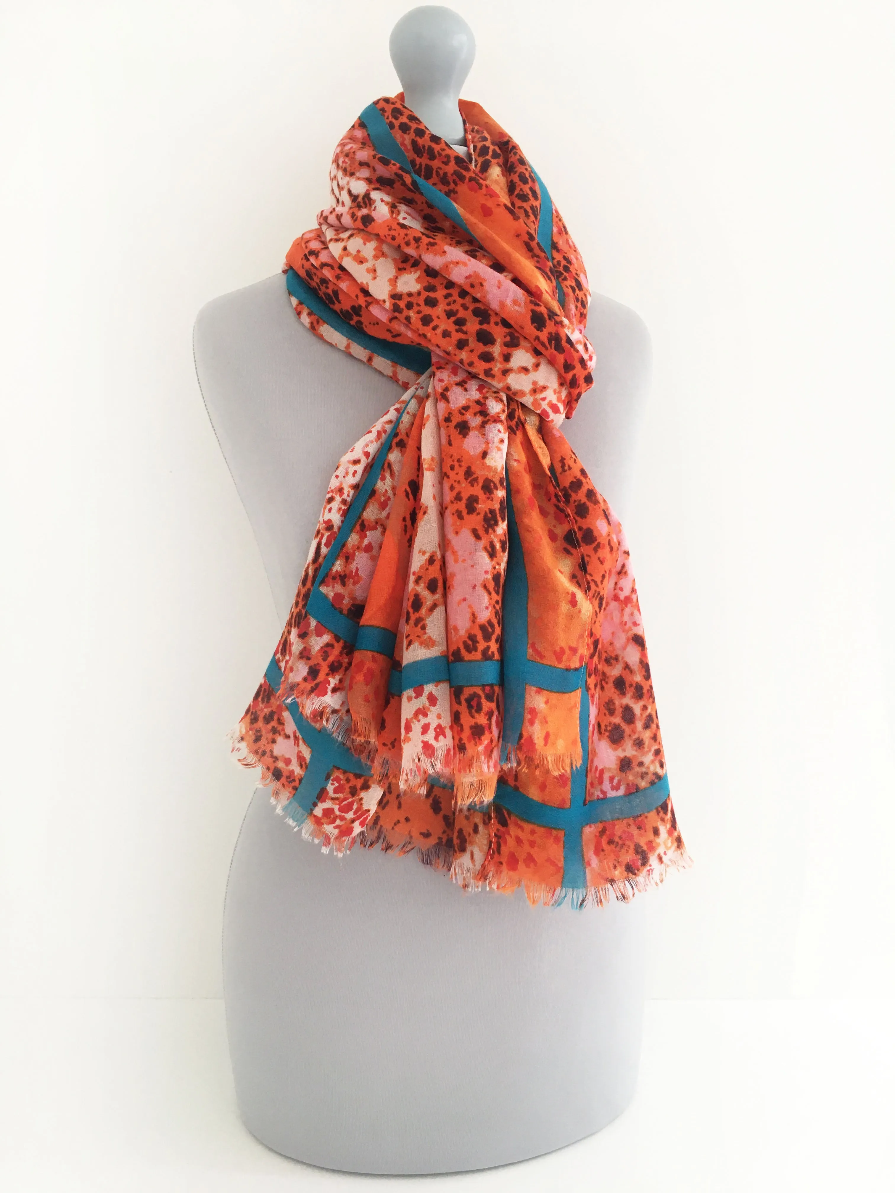 LARGE ORANGE SNAKESKIN PRINT SHAWL SCARF WITH STRIPE