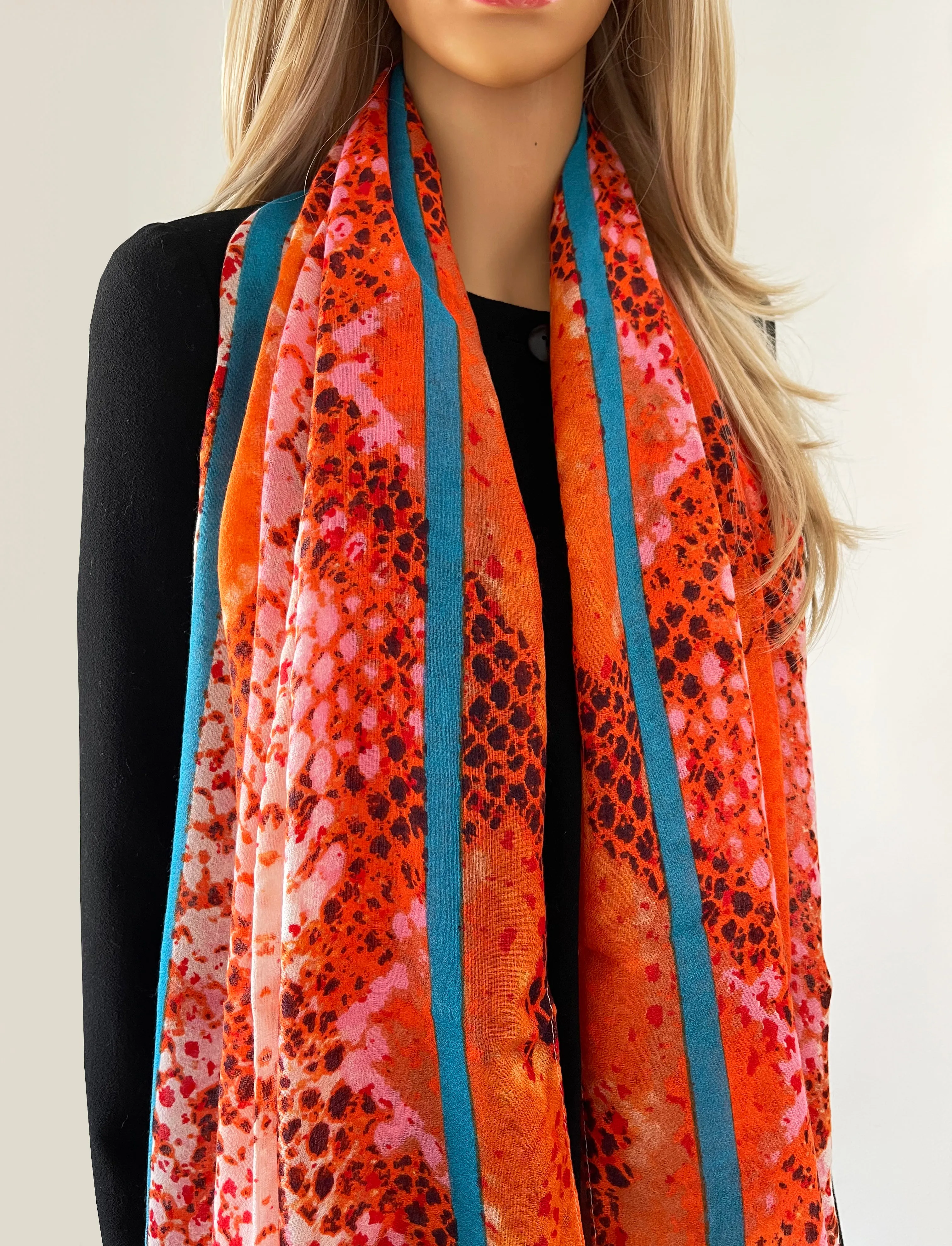 LARGE ORANGE SNAKESKIN PRINT SHAWL SCARF WITH STRIPE