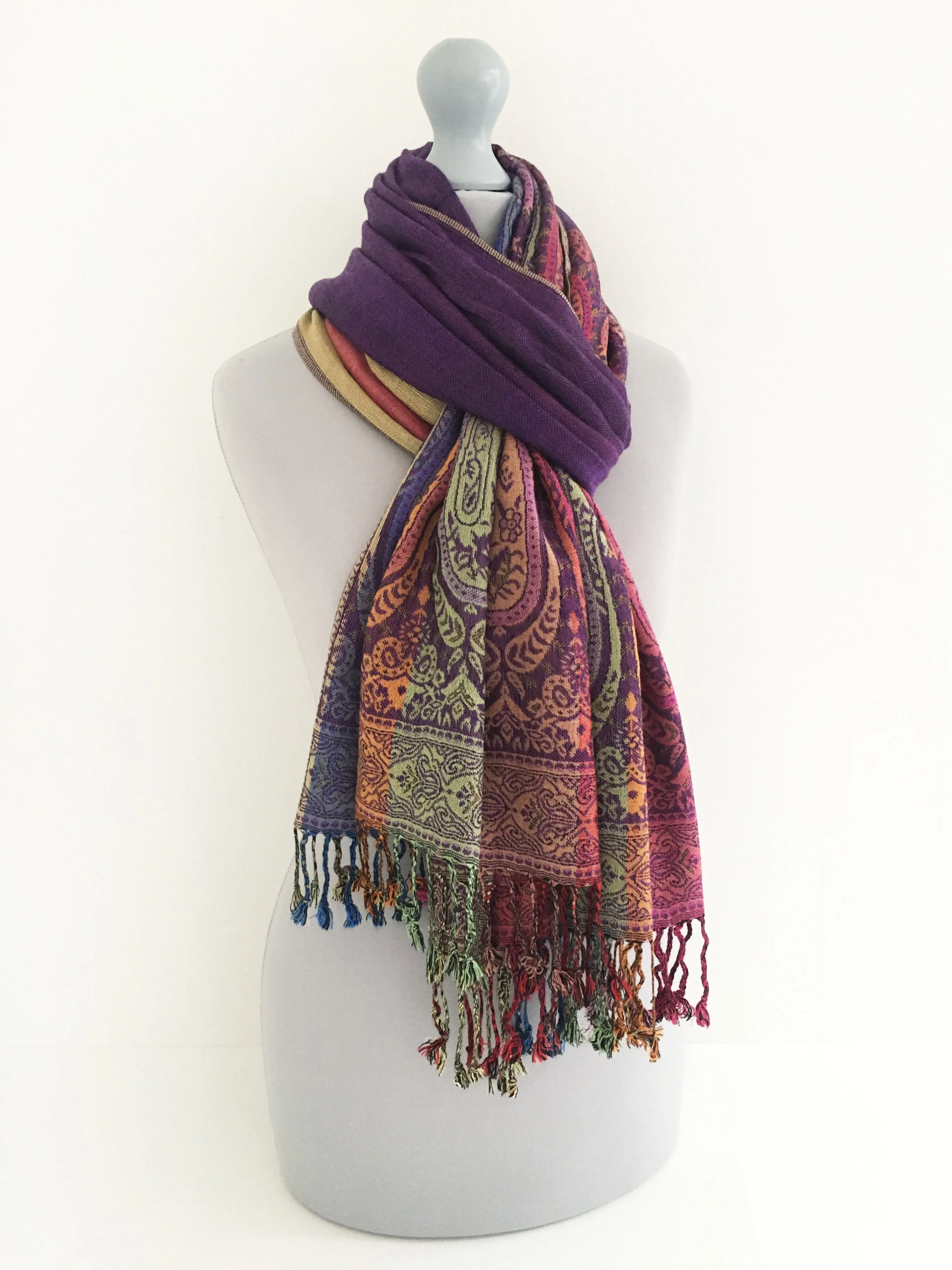 LARGE PURPLE RAINBOW MULTI COLOUR PAISLEY PRINT PASHMINA SHAWL SCARF