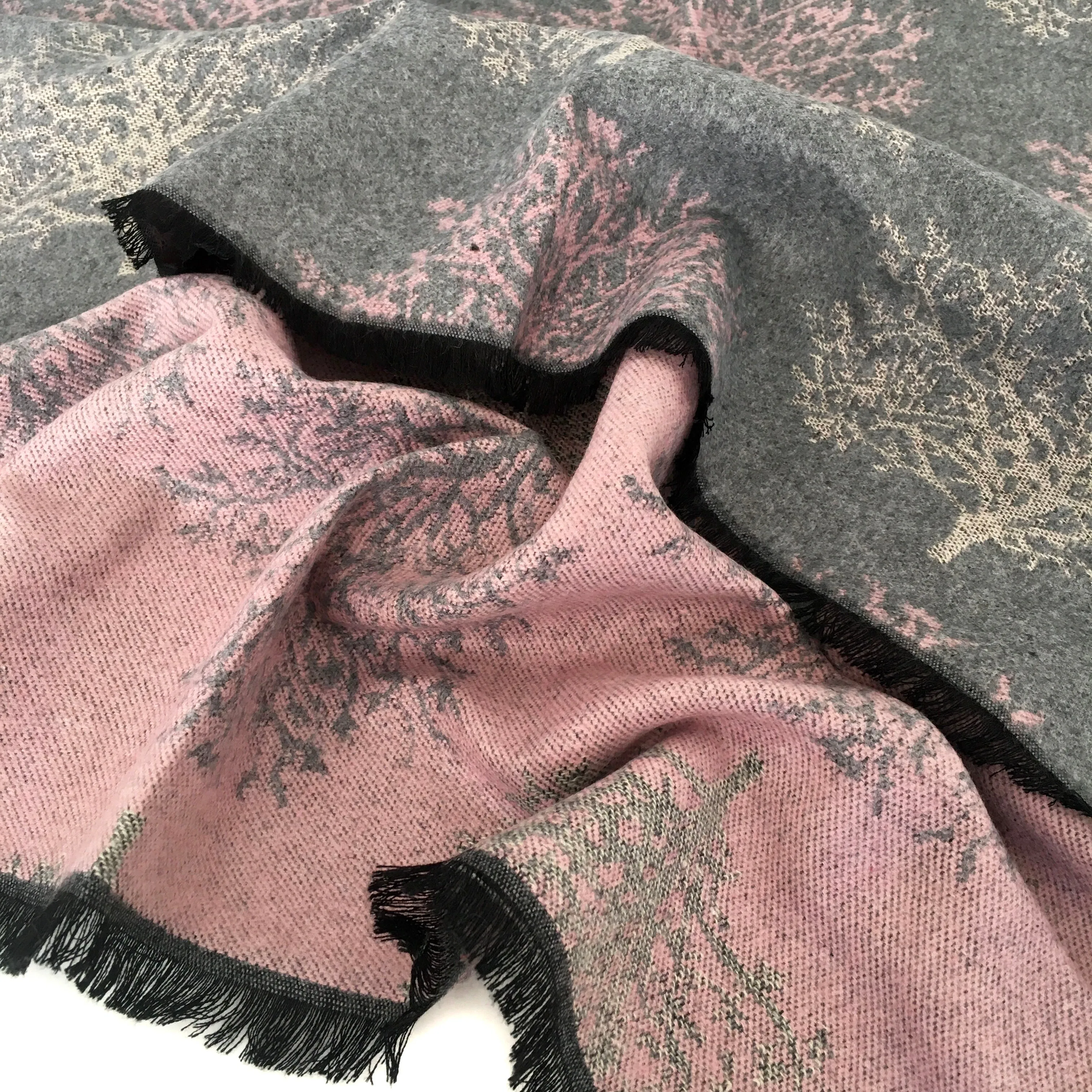 LARGE THICK GREY BLUSH TREE REVERSIBLE WINTER SHAWL BLANKET SCARF