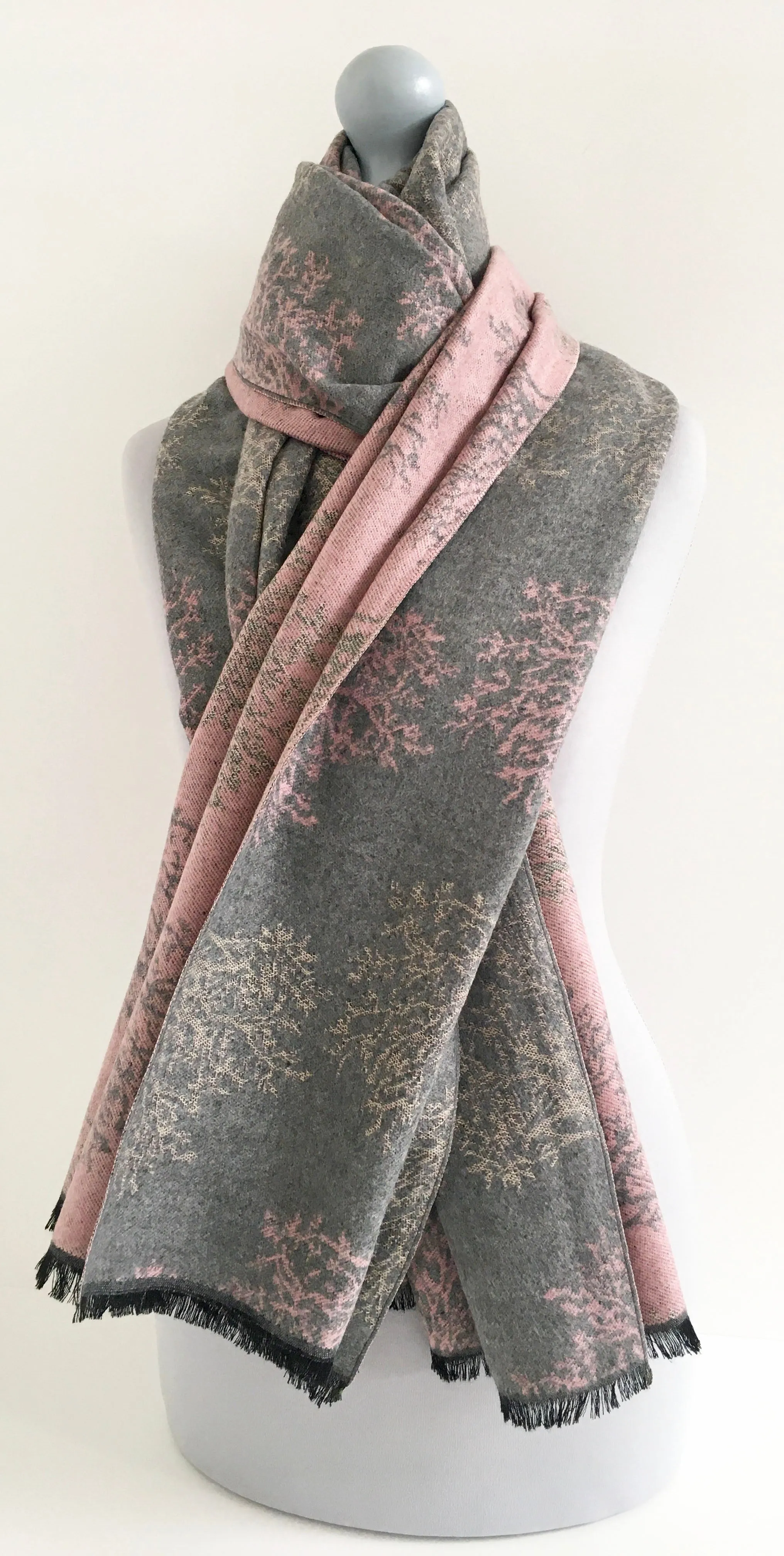 LARGE THICK GREY BLUSH TREE REVERSIBLE WINTER SHAWL BLANKET SCARF