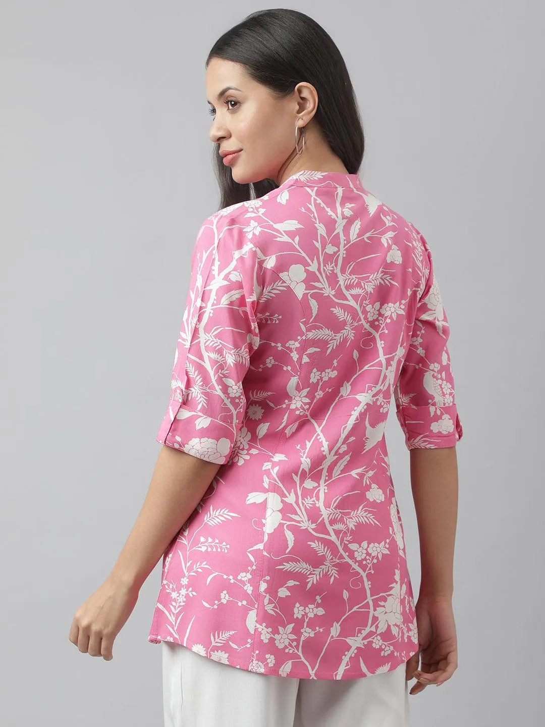 Light Pink Floral Printed Rayon A-Line Shirt Style Top