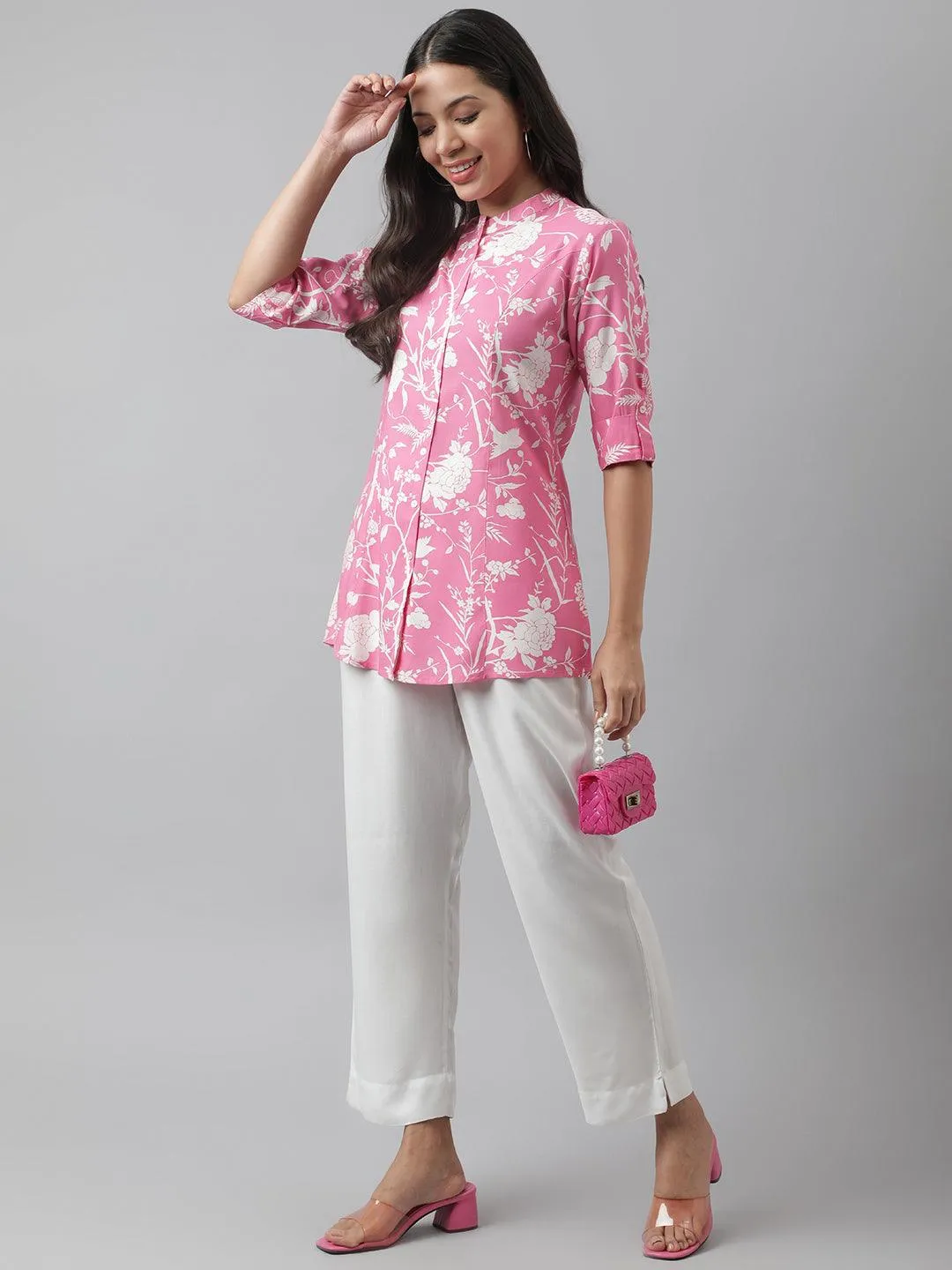 Light Pink Floral Printed Rayon A-Line Shirt Style Top