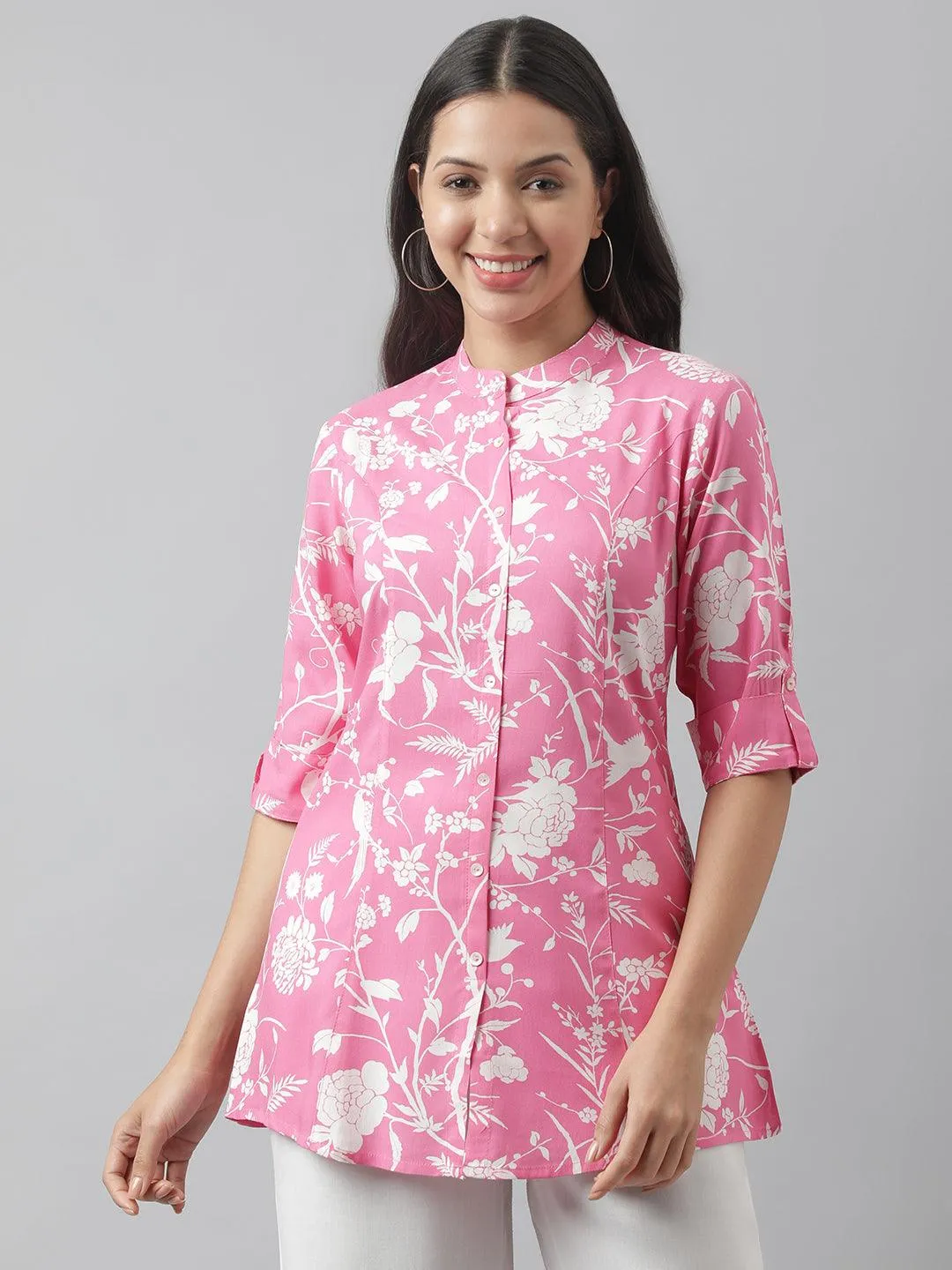 Light Pink Floral Printed Rayon A-Line Shirt Style Top