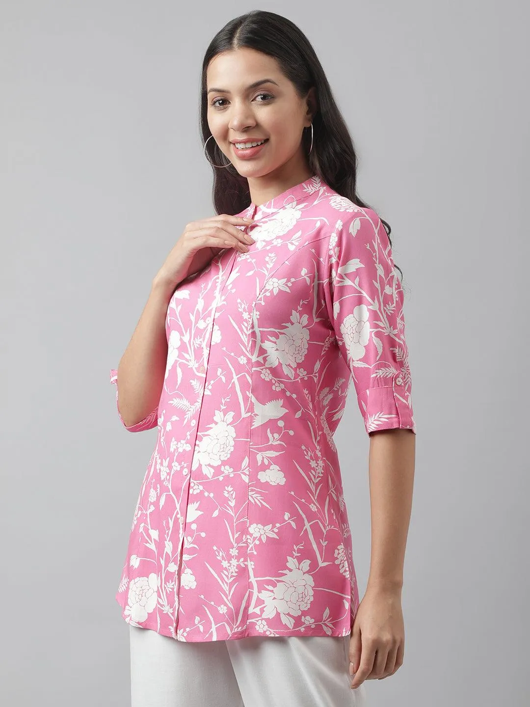 Light Pink Floral Printed Rayon A-Line Shirt Style Top