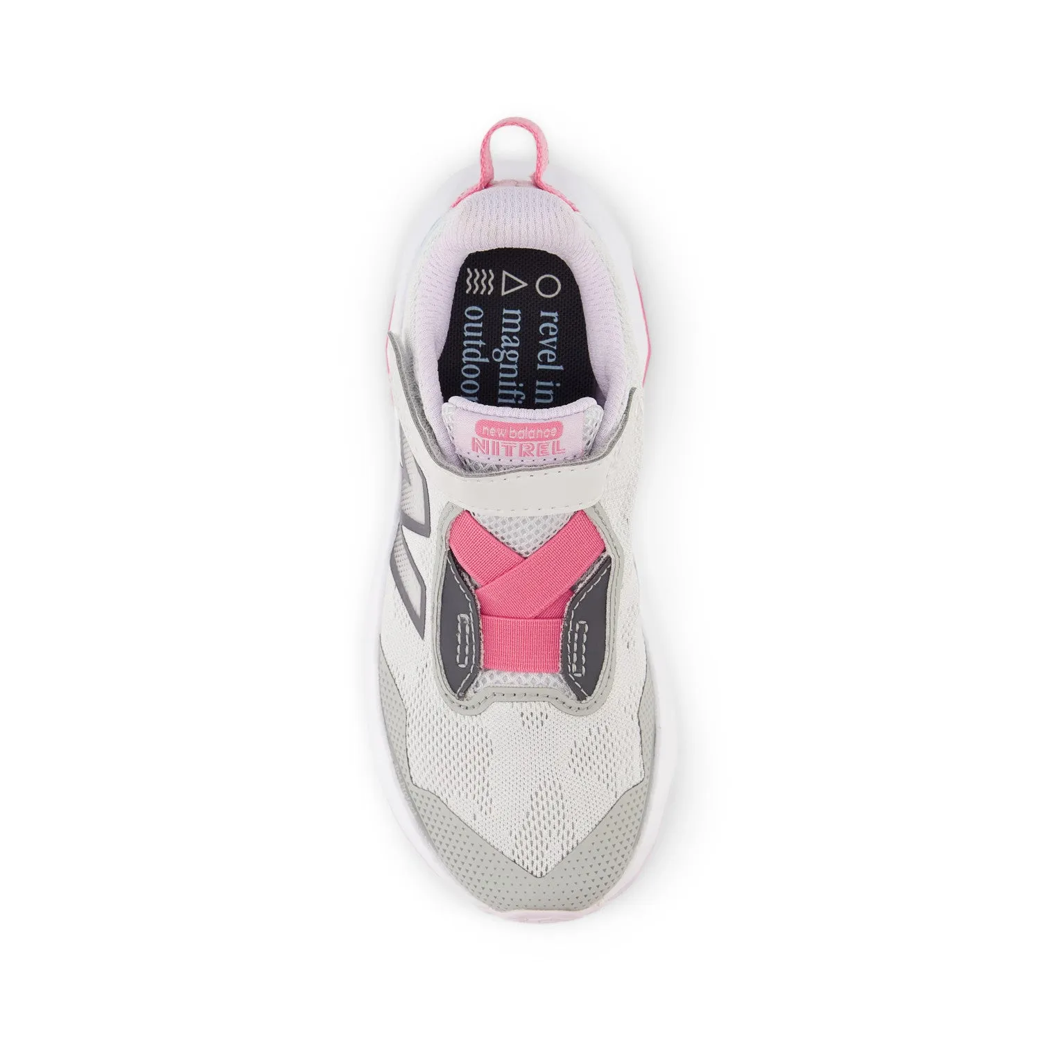 Little Kid's New Balance DynaSoft Nitrel v6 Bungee Lace with Top Strap Color: Grey Matter with Real Pink