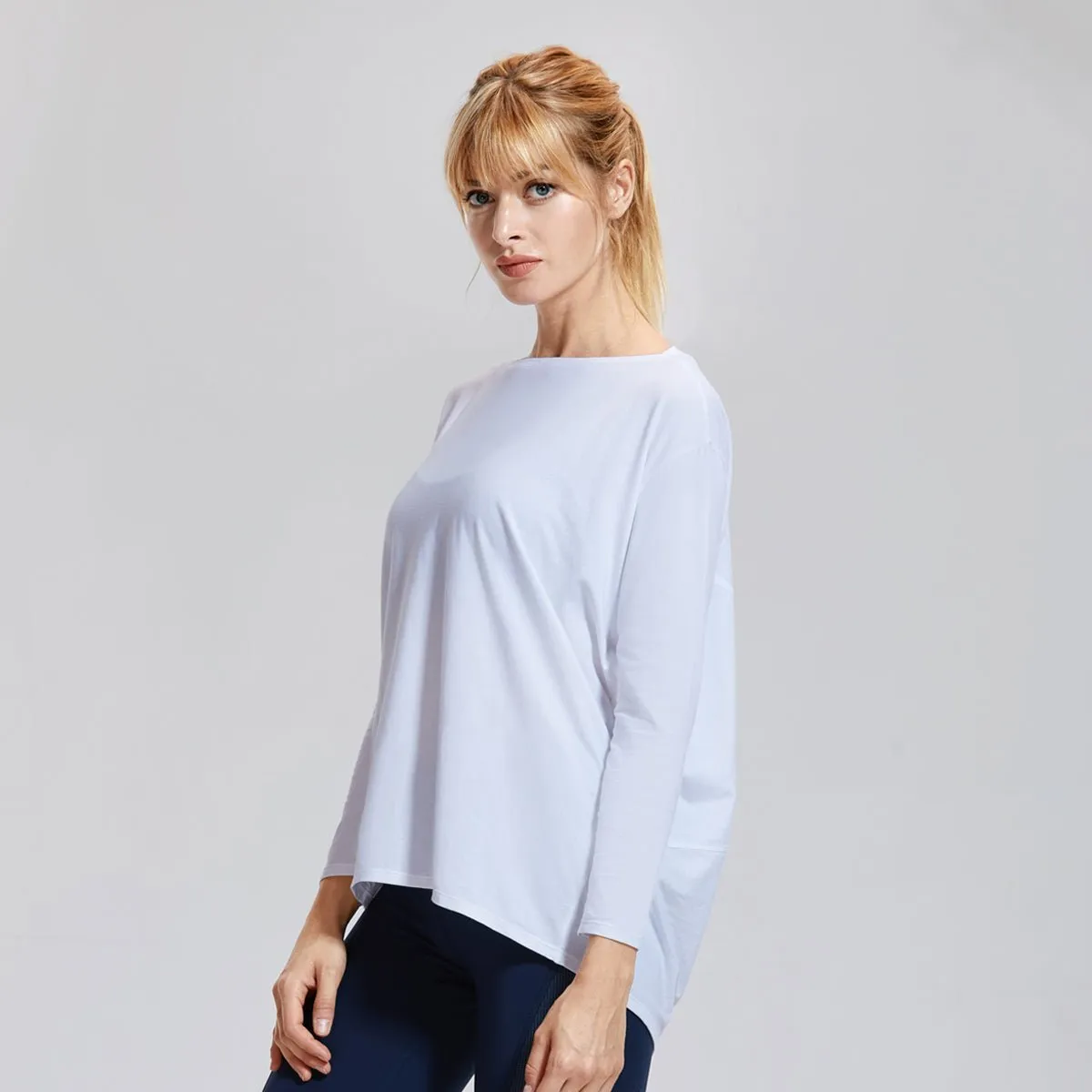 Long Sleeve Loose Fit Pima Cotton White Active Top