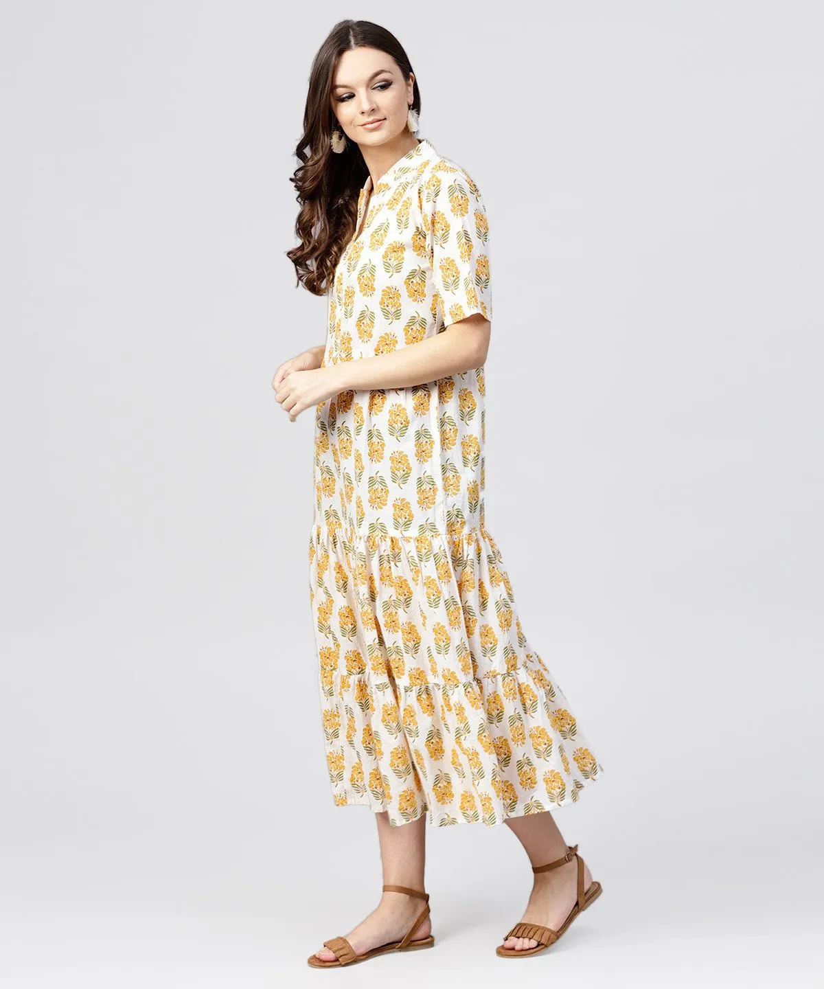 Madarin Collar Tiered Printed Dress With Front Placket And Half Sleeves