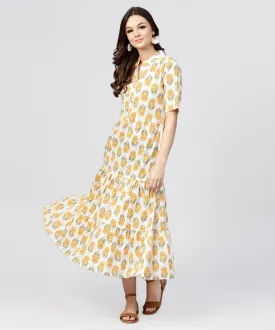 Madarin Collar Tiered Printed Dress With Front Placket And Half Sleeves