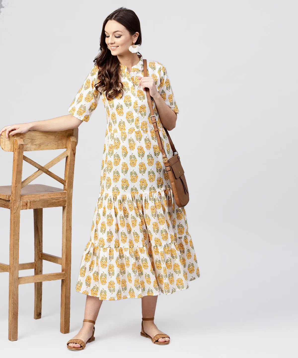 Madarin Collar Tiered Printed Dress With Front Placket And Half Sleeves