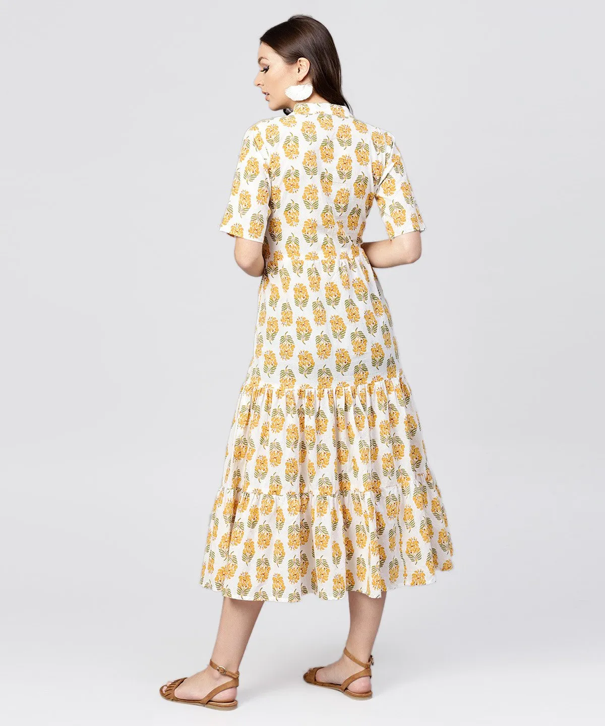 Madarin Collar Tiered Printed Dress With Front Placket And Half Sleeves