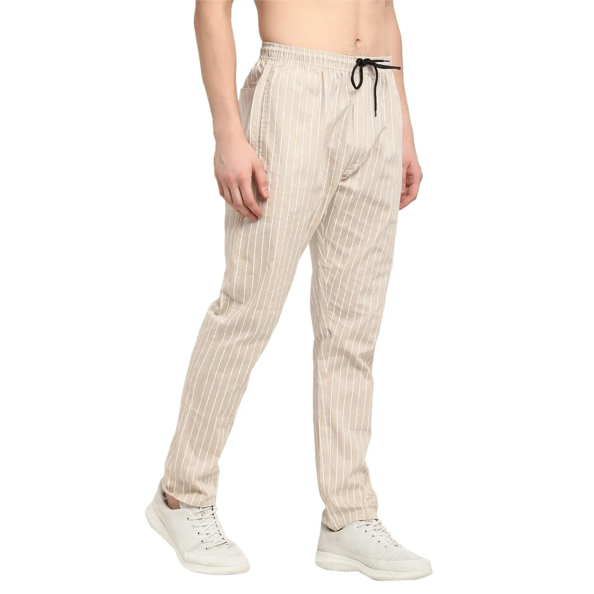 Men'S Beige Cotton Striped Track Pants