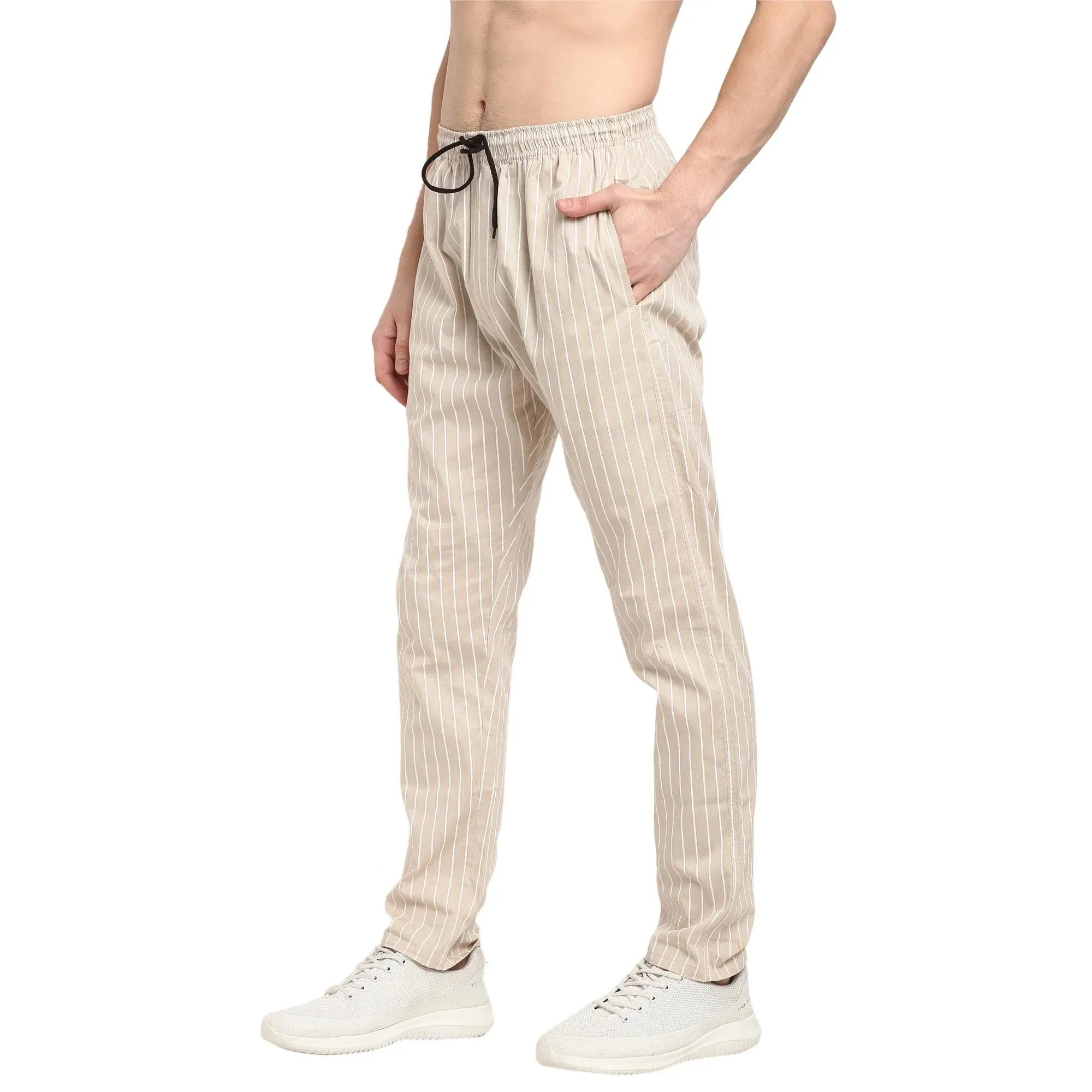 Men'S Beige Cotton Striped Track Pants