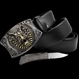 Men's Brave Dragon Leather Belt With Folding Knife