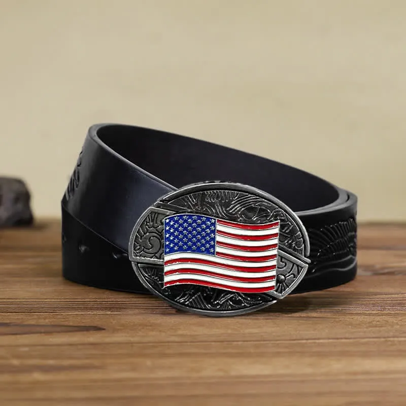 Men's DIY American Flag Hidden Folding Knife Leather Belt