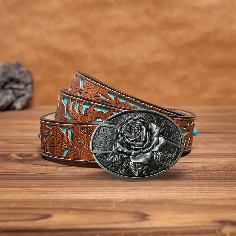 Men's DIY Western Rose Hidden Folding Knife Leather Belt