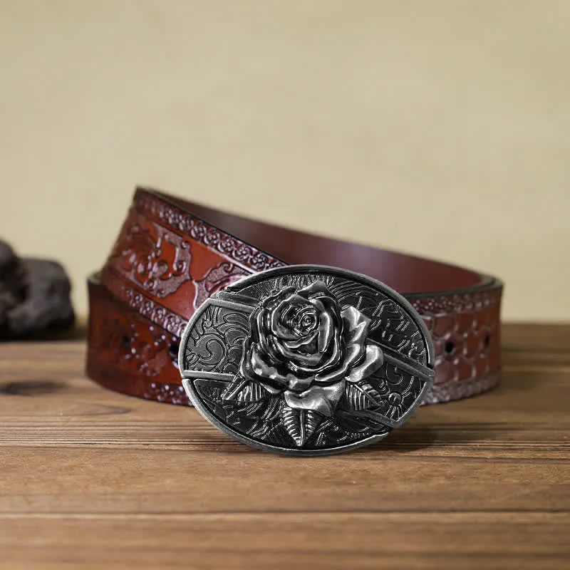 Men's DIY Western Rose Hidden Folding Knife Leather Belt