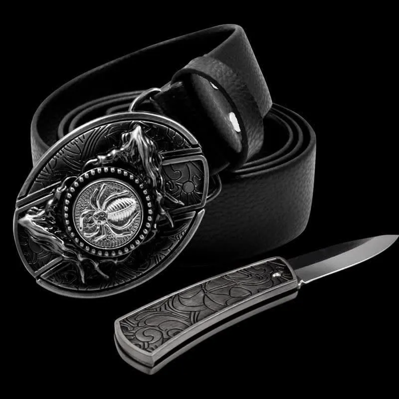 Men's Rotating Spider Leather Belt With Folding Knife