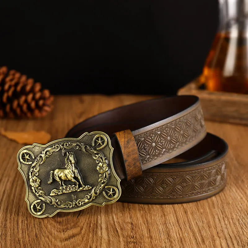 Men's Sturdy Steed Embossed Weave Pattern Leather Belt