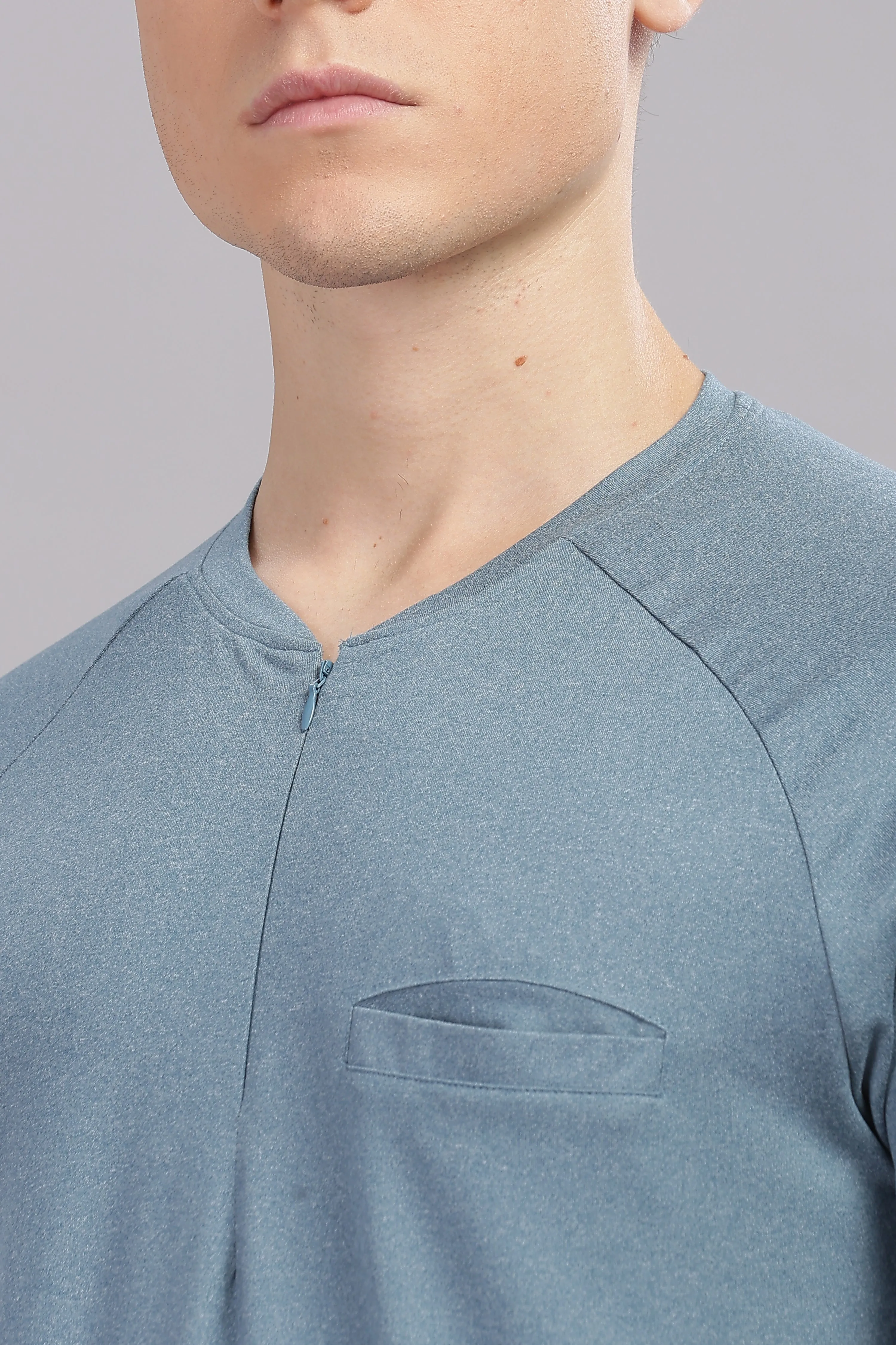 Men's Super Comfy raglan sleeve casual T shirt with chest pocket (SMOKE BLUE)