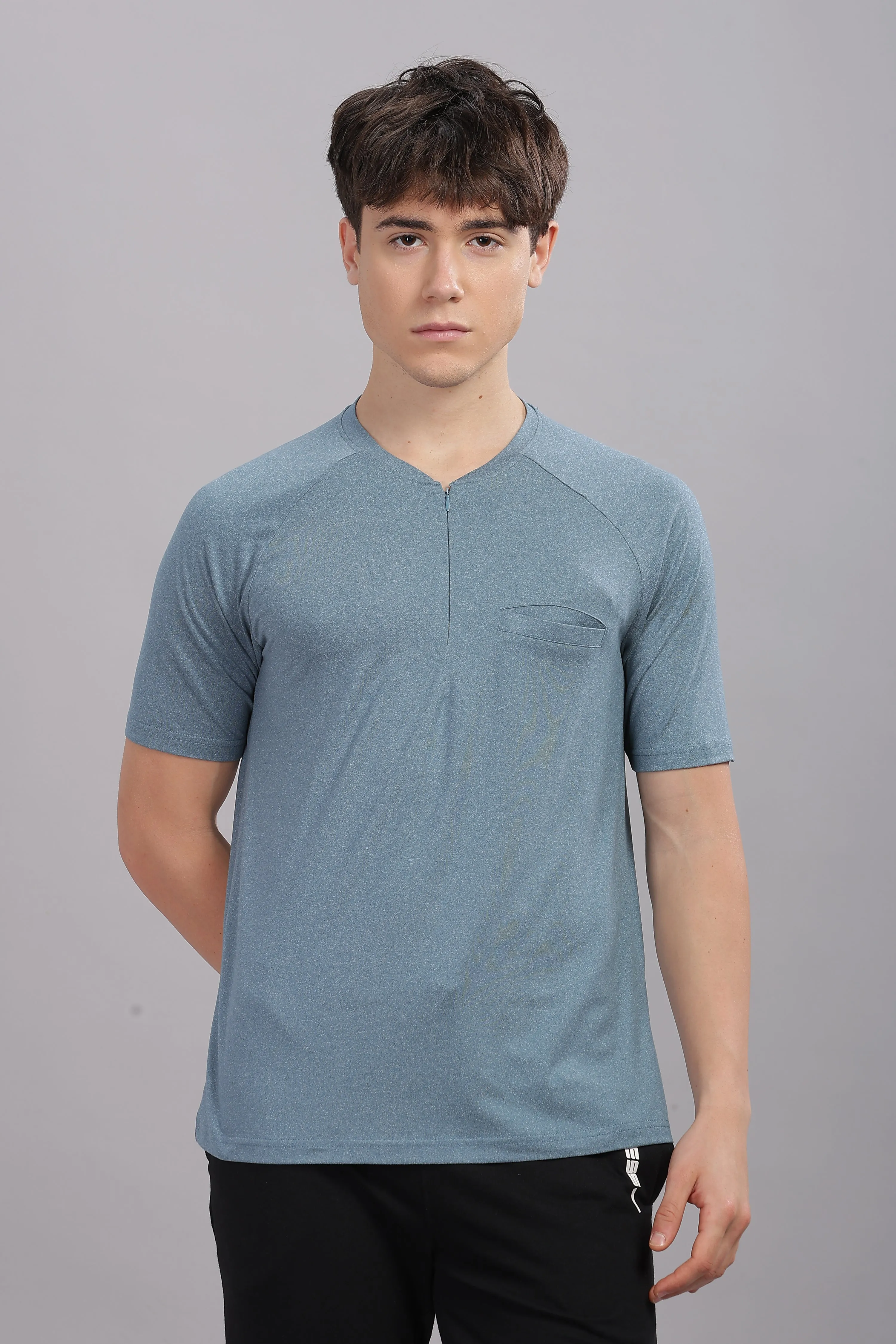 Men's Super Comfy raglan sleeve casual T shirt with chest pocket (SMOKE BLUE)