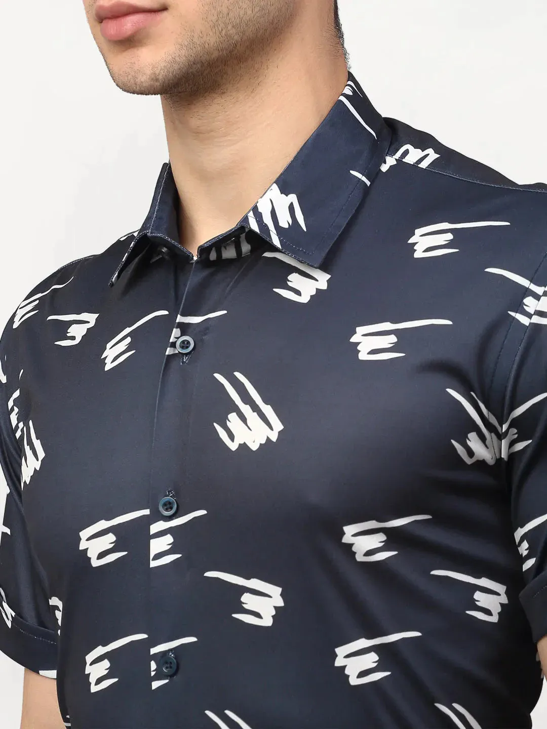 Navy Blue Men'S Printed Lycra Half Sleevess Formal Shirts