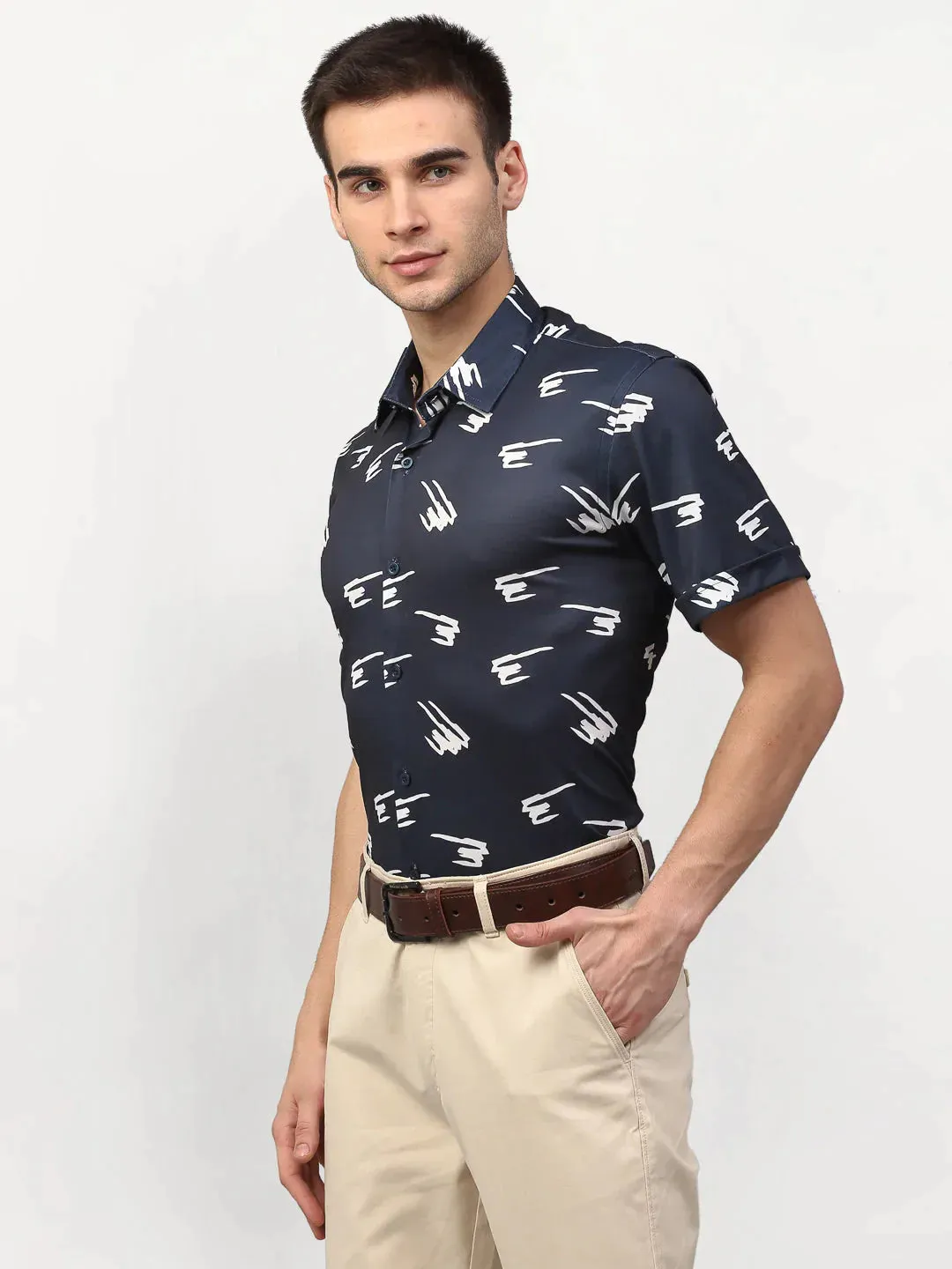 Navy Blue Men'S Printed Lycra Half Sleevess Formal Shirts