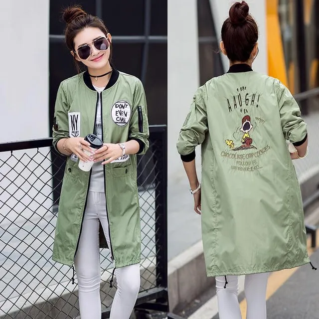 New Autumn Women Long Trench Coats Plus Size Print Letter Emboridery Windbreaker Street Fashion Baseball Casual Outwear