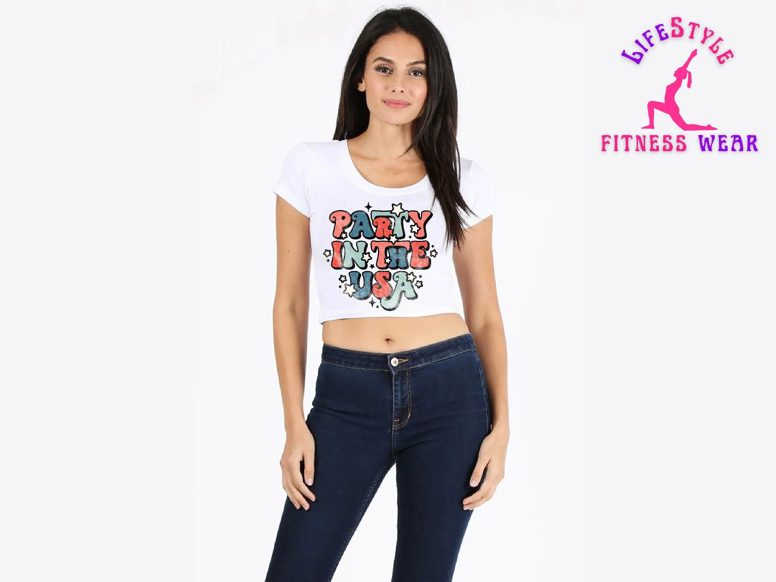 Party In The USA - Short Sleeve Crew Neck Crop Top - Crop Top Cami Tube Shirt Bandeau Sexy Hot Fit Wife Gift Party- 4th of July clothing