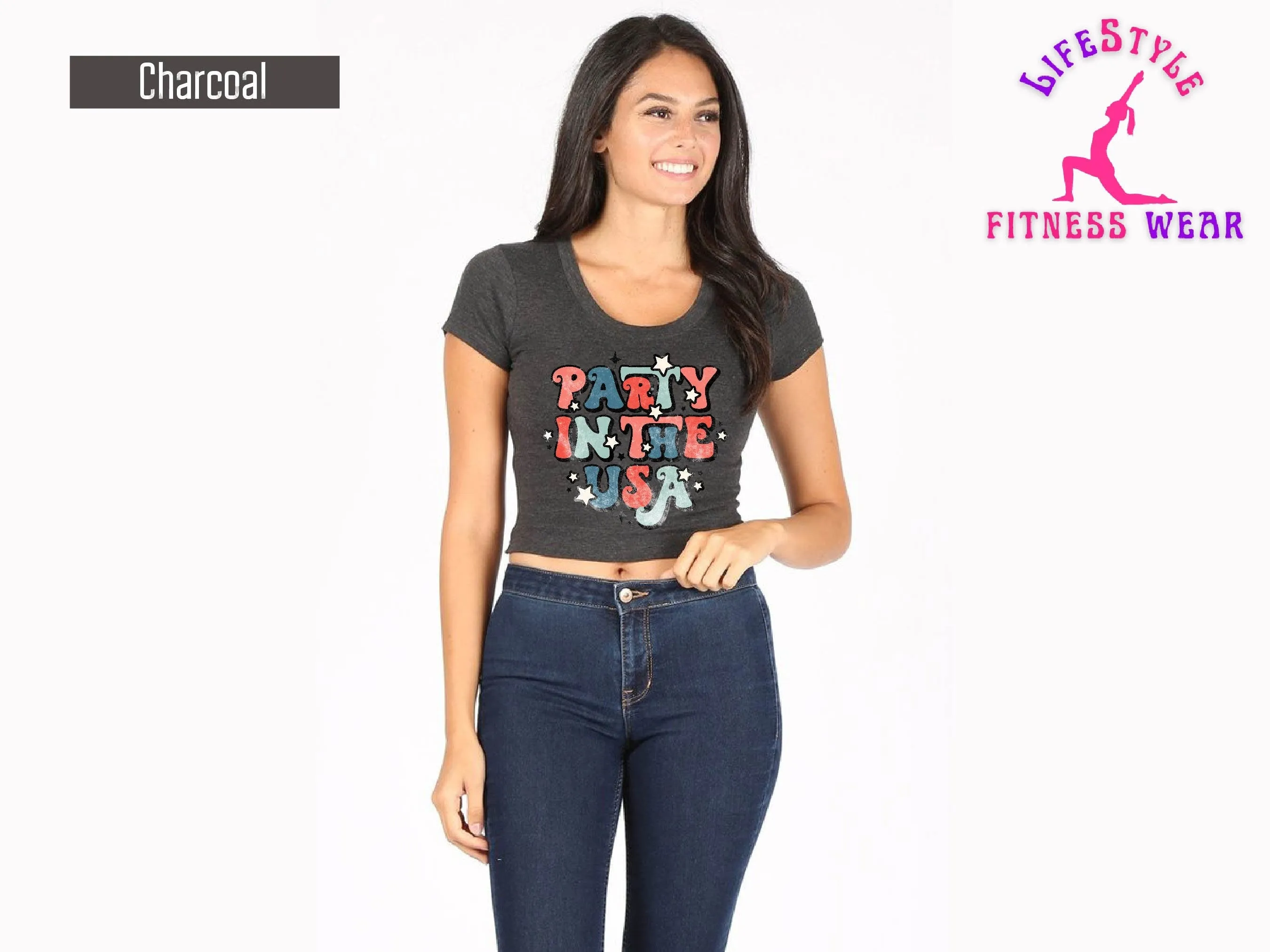 Party In The USA - Short Sleeve Crew Neck Crop Top - Crop Top Cami Tube Shirt Bandeau Sexy Hot Fit Wife Gift Party- 4th of July clothing