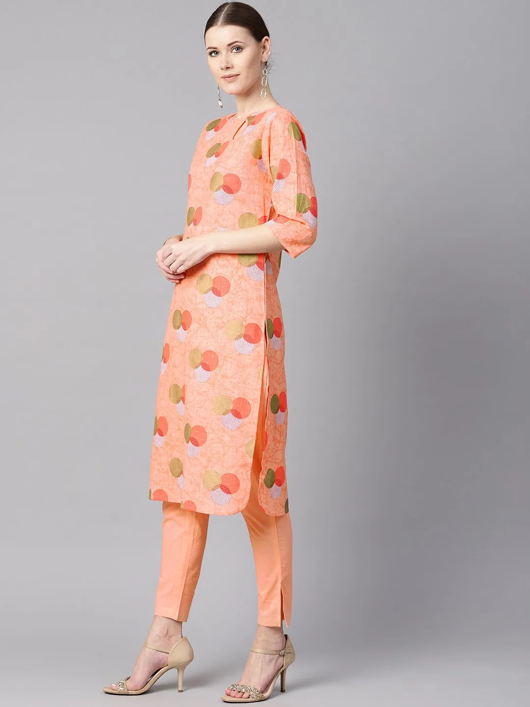 Peach Color Polka Dots Printed Boat Neck With Side Keyhole  3/4Th Sleeve Kurta And Solid Cigratee Pants.