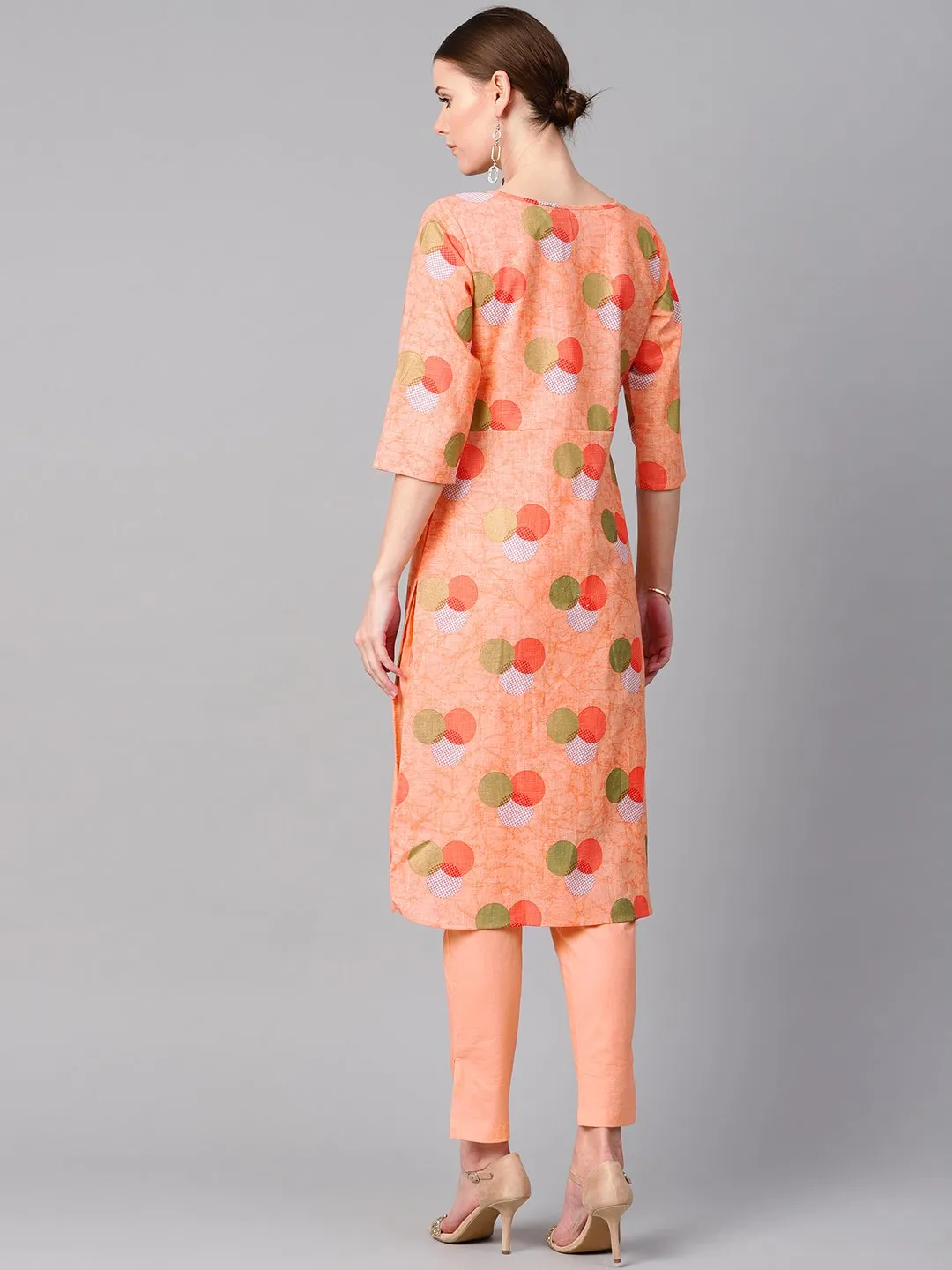 Peach Color Polka Dots Printed Boat Neck With Side Keyhole  3/4Th Sleeve Kurta And Solid Cigratee Pants.