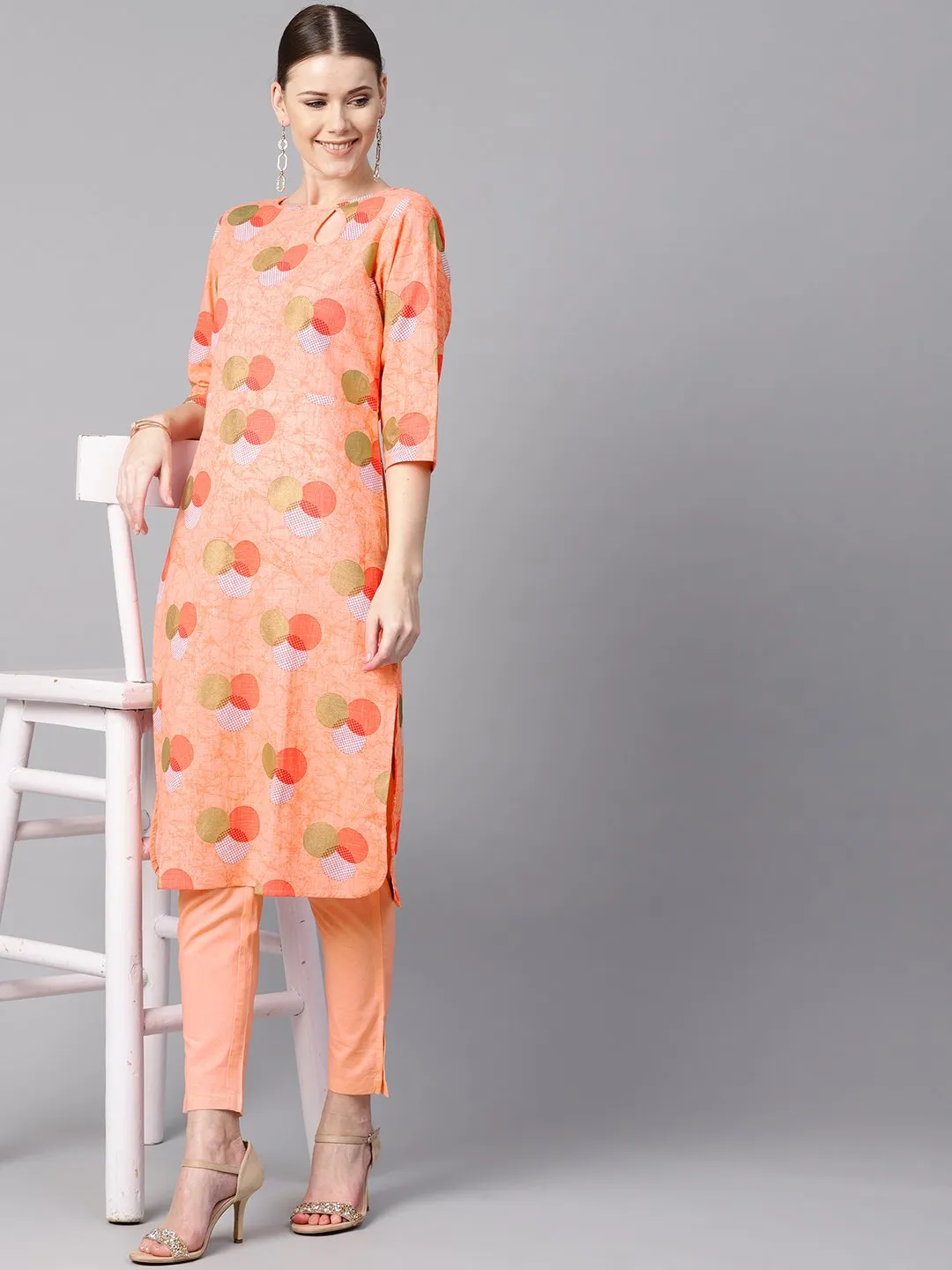 Peach Color Polka Dots Printed Boat Neck With Side Keyhole  3/4Th Sleeve Kurta And Solid Cigratee Pants.