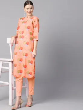 Peach Color Polka Dots Printed Boat Neck With Side Keyhole  3/4Th Sleeve Kurta And Solid Cigratee Pants.