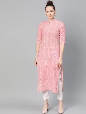 Pink & Off White Striped Printed Kurta With Solid White Pants