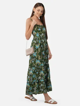 Porsorte Womens Tropical Green Printed Long Strappy Casual Dress