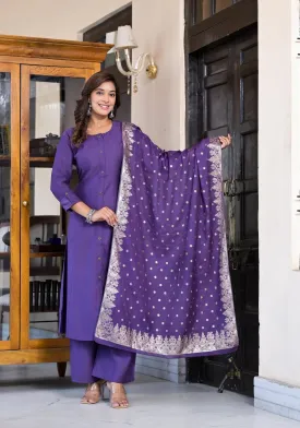 Purple Zari Embroidered Cotton Kurta Set With Button Closure