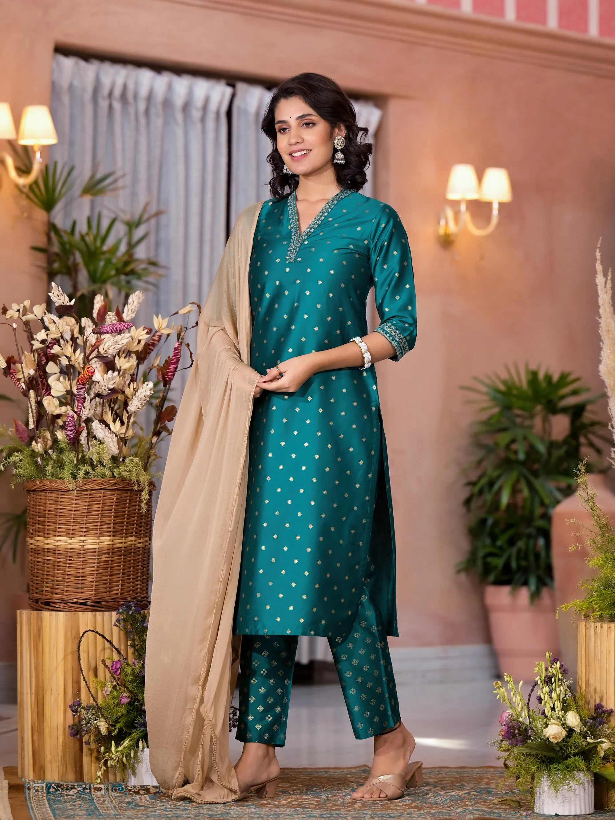 Rama Green Ethnic Motif Printed Cotton Kurta Pant And Dupatta Set With Zari Work